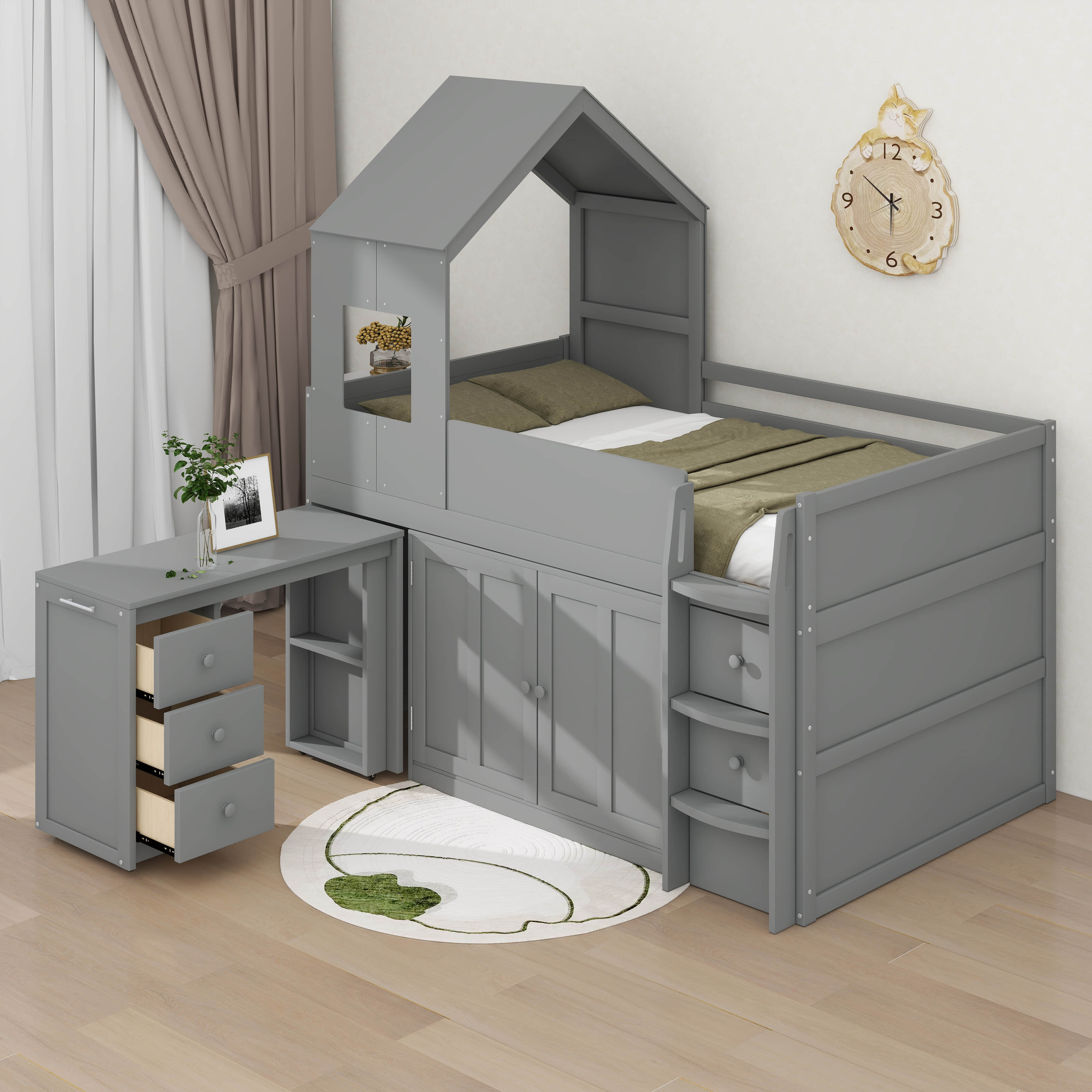 Ebern Designs Twin Size House Loft Bed, Wooden Low Loft Bed Frame With ...