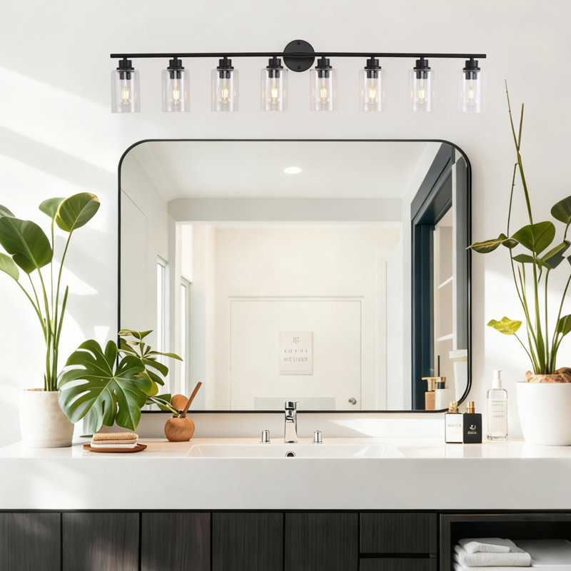 8-Light Bathroom Light Fixtures, Black Modern Vanity Lights Over Mirror With Clear Glass Shade, Bathroom Wall Lamp For Mirror Kitchen Hallway Cabinet Porch Reading Room