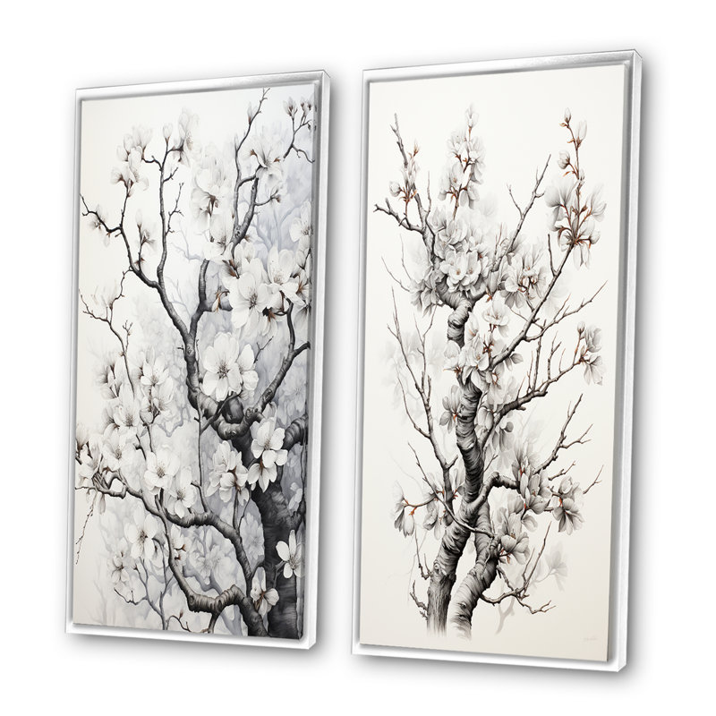 «Grey White Tree Graphite Whispers», 2 pièces sur toile, Cadre blanc, H 32 po x l 32 po