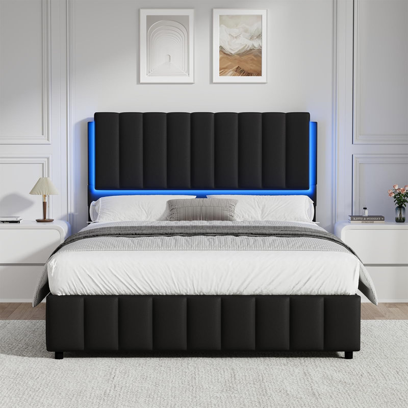 Ensemble de lit plateforme tapissier à DEL avec 2 tables de chevet modernes à DEL - ensemble de chambre à coucher 3 pièces