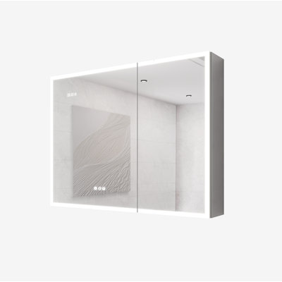 Armoire à pharmacie à DEL avec miroir - Armoire lumineuse à double porte avec désembueur, gradateur, horloge et affichage de la température | 2 prises + 2 ports USB, fixation murale, antirouille (meuble-lavabo non inclus)