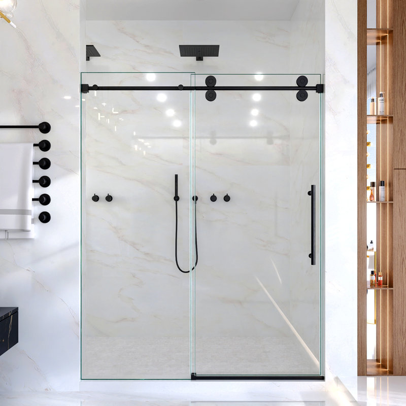 Porte de douche coulissante simple sans cadre de 44 à 48 po x H 76 po - Verre trempé transparent de 5/16 po (8 mm), conception à dérivation