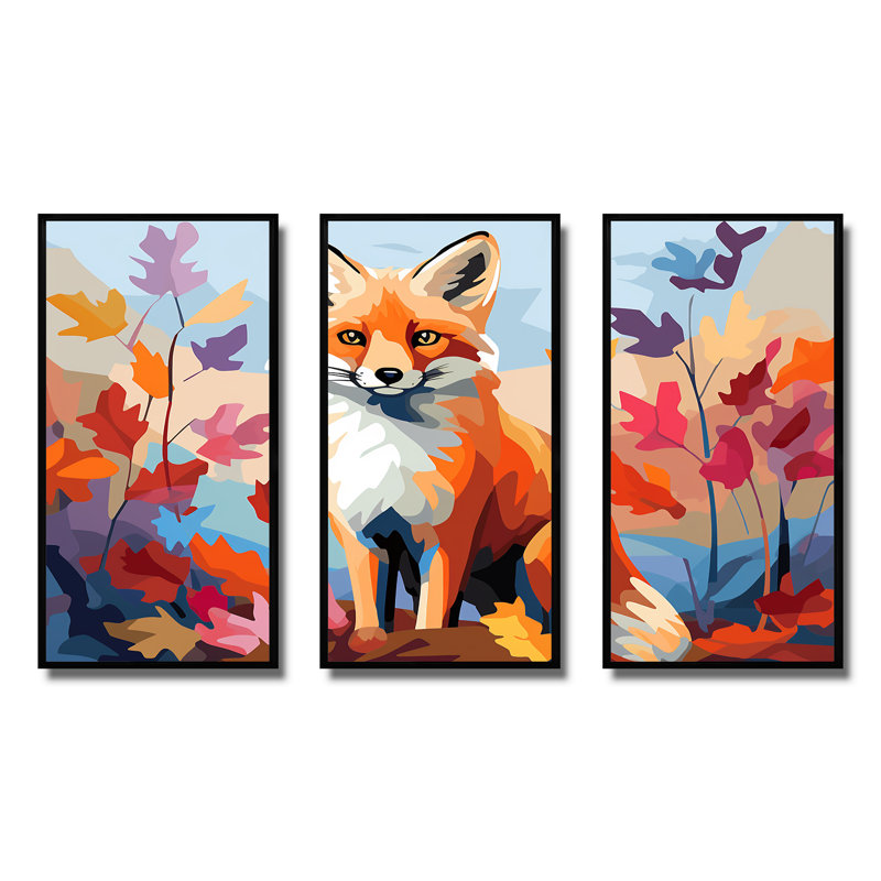 «Orange Foxes Leaf Adventure II», art mural animal renard, H 28 po x l 36 po, Cadre flottant noir
