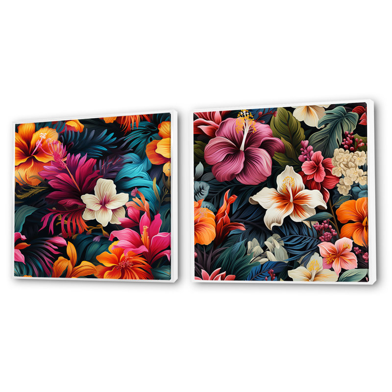 Jungle Splendor - motif tropical - ensemble de 2 collages floraux carrés, H 16 po x l 33 po, Cadre flottant blanc