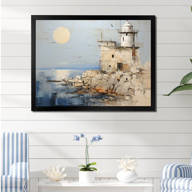 Minimal Gray Light House Horizon - art mural de phare côtier, Cadre simple noir, H 34 po x l 44 po x P 1,5 po