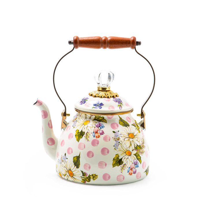 Ceramic Tea Kettle with Strainer Pink and Green Floral Painted Tea