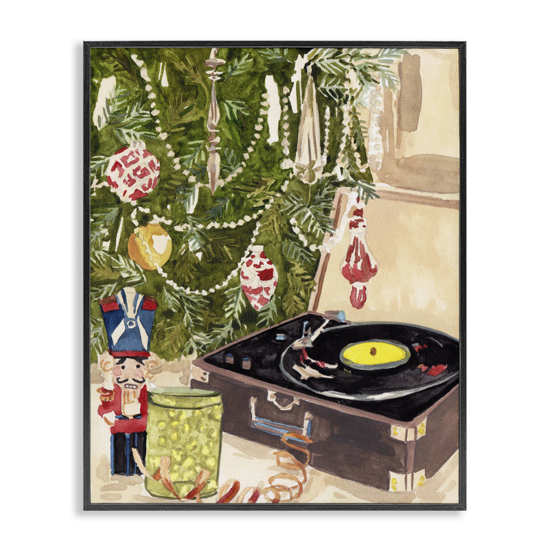 Tourne-disque sous l'arbre de Noël, estampe numérique, conception de Melissa Wang, H 14 po x l 11 po