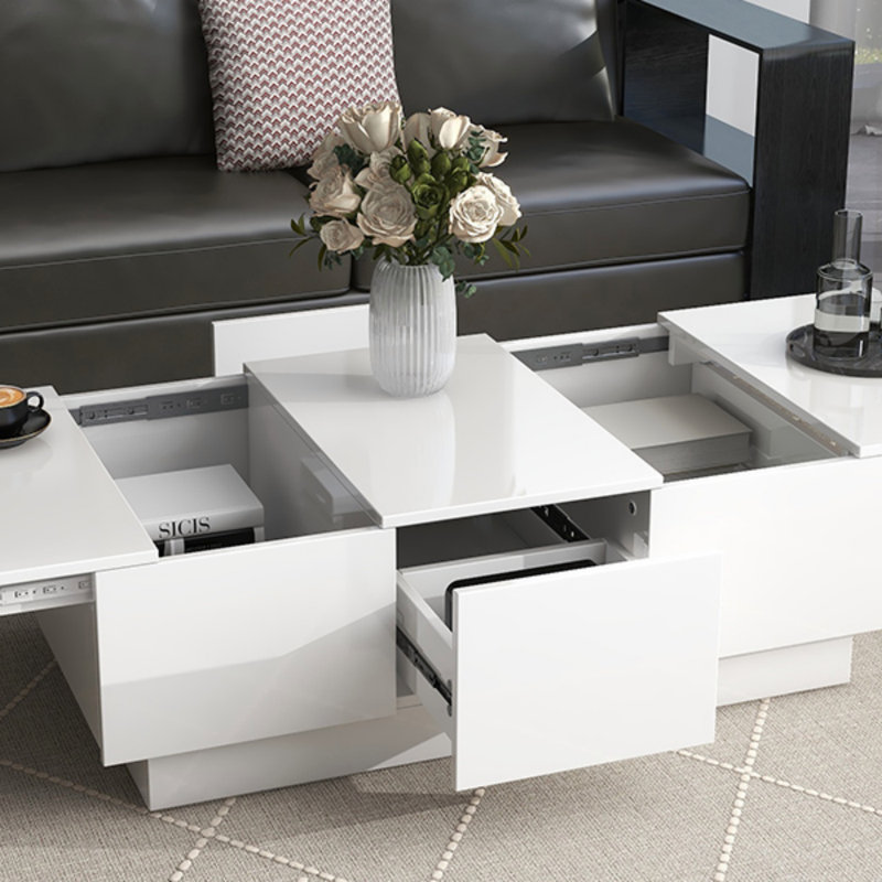 Table basse avec 2 grands compartiments de rangement cachés, table de cocktail extensible avec 2 tiroirs, table centrale ultrabrillante avec plateau coulissant pour le salon, 39,3 po x 21,6 po
