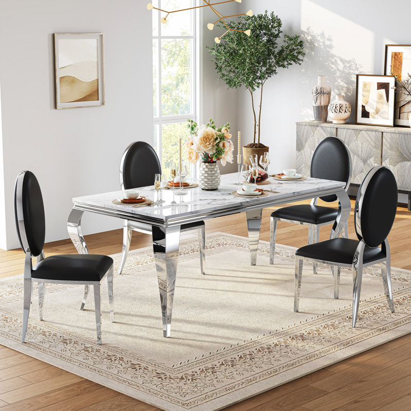 Faux Marble Top Metal Base Dining Table Set, Silver, Black/Silver, 5 Pieces: Table, 4 Chairs