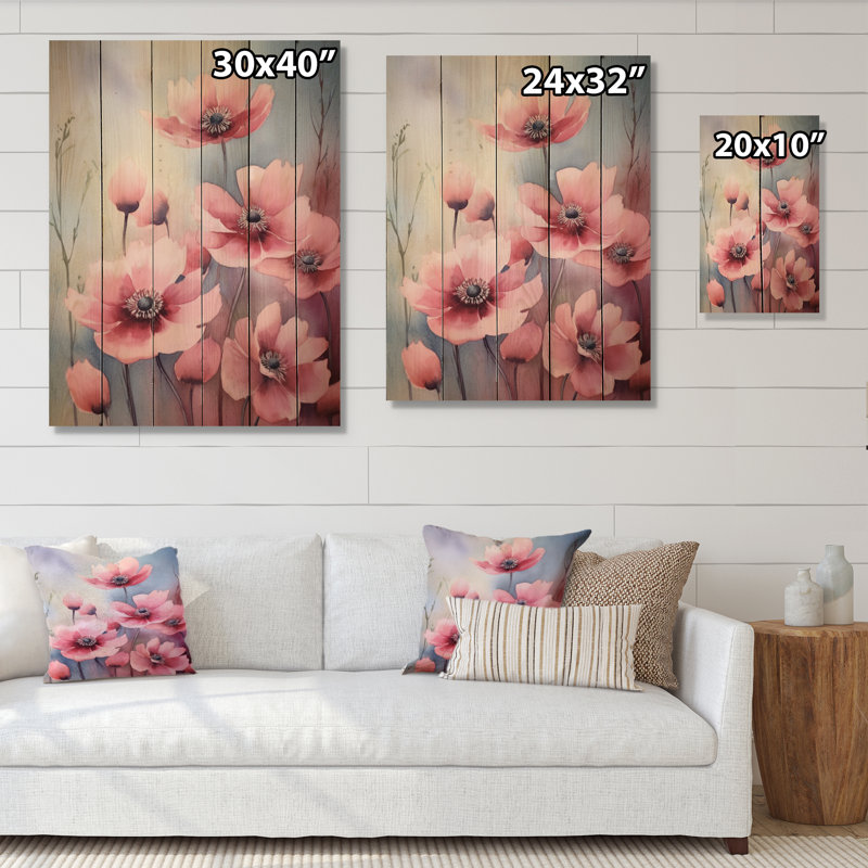 Alameen, prairie bleue et rose sur bois, H 20 po x l 10 po x P 0,78 po