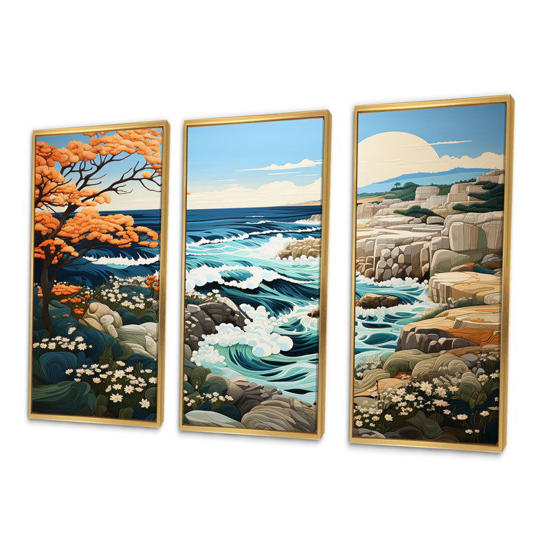 «Wild Beachscape Landscape III - Coastal Coral Under Water», ensemble de reproduction d'art mural, Cadre flottant doré
