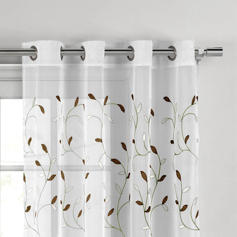 Ajay Floral Embroidered Sheer Grommet Single Curtain Panel, Sage, 54" W x 63" L