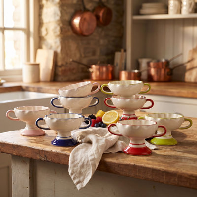 Scalloped Hand-Painted Stoneware Footed Bowl with Handles