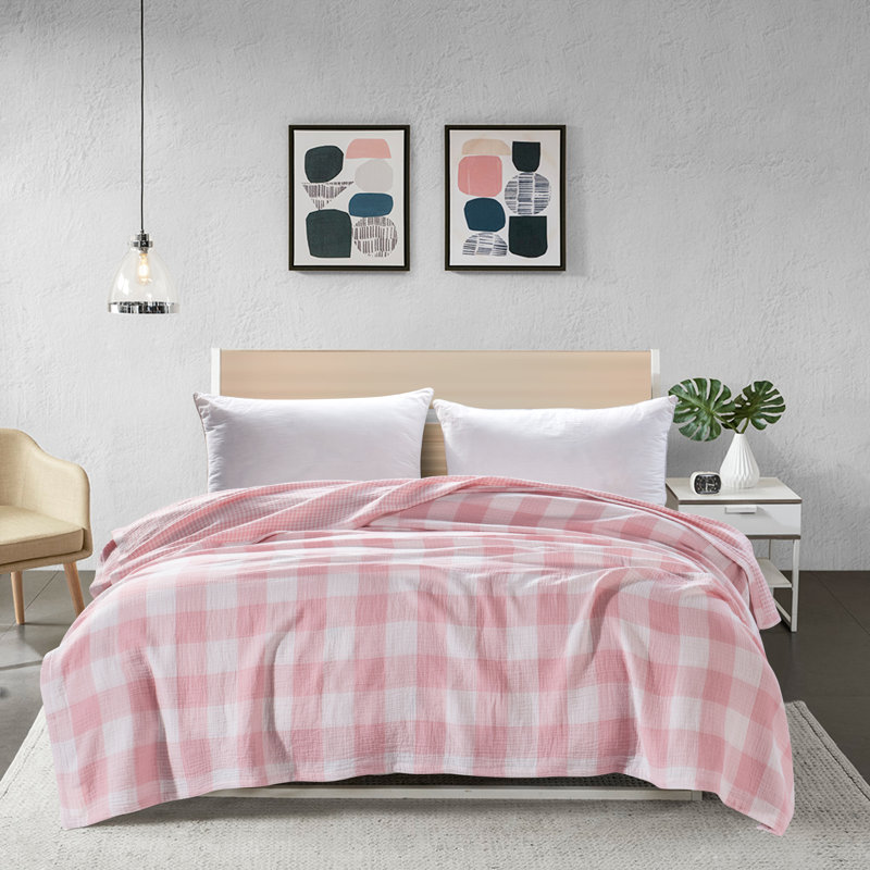 Queen Pink Cotton Muslin Reversible Throw Blanket