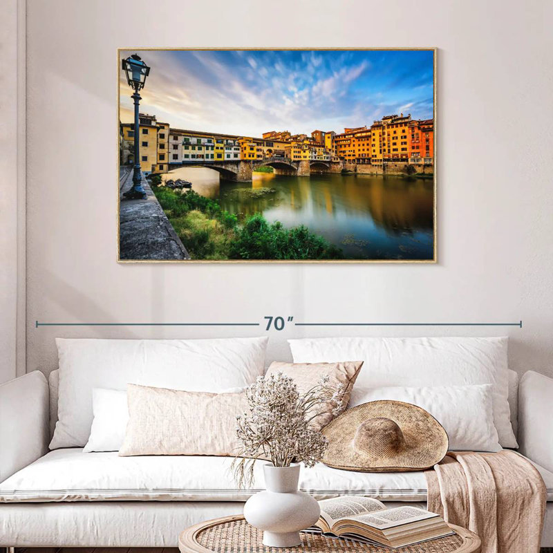 Ponte Vecchio, paysage fluvial, 46 po x 31 po, Cadre flottant en bois naturel