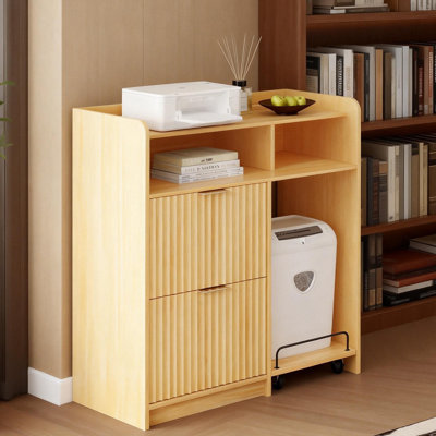 2 Drawer Wooden File Cabinet With Mobile Side Cart Wood Grain Finish Fluted Design P2 MDF & Particleboard