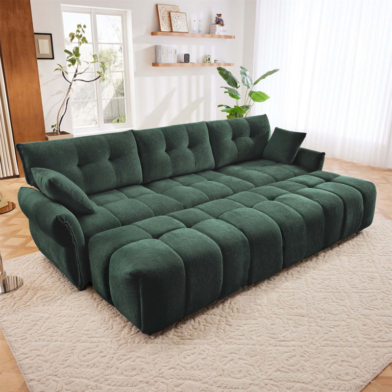 Canapé modulaire en chenille capitonné avec 2 repose-pieds et coussins Latanja, 35.4" H x 78.7" W x 33.4" D, Chenille verte