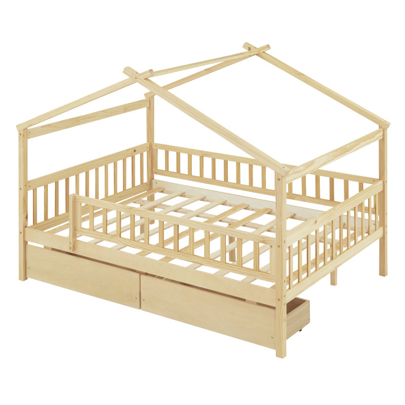 Lit double en bois avec deux tiroirs, Naturel