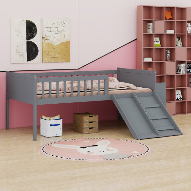 Structure de lit plateforme avec tablette de rangement, glissoire, échelle et barrière de sécurité, Gris