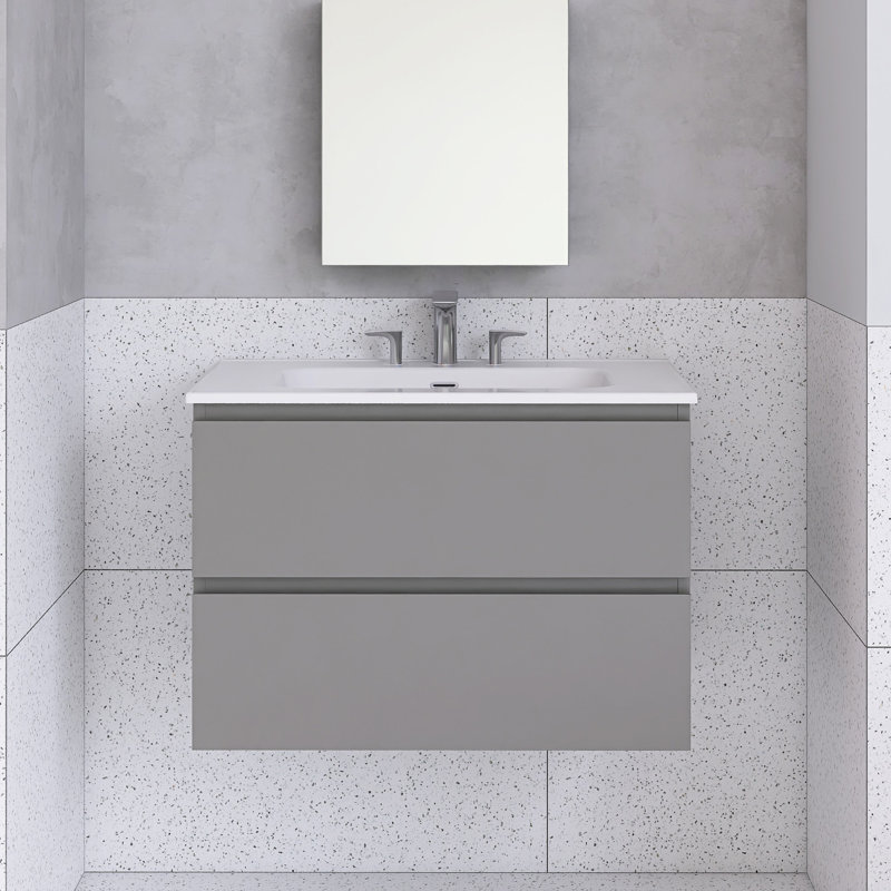 Meuble-lavabo mural avec lavabo en céramique et trois trous de robinet, Gris, 30"
