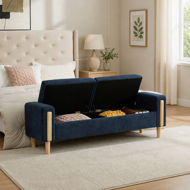 Banc de rangement moderne rembourré avec tissu chenille et pieds en bois d'hévéa, Blue, Blue