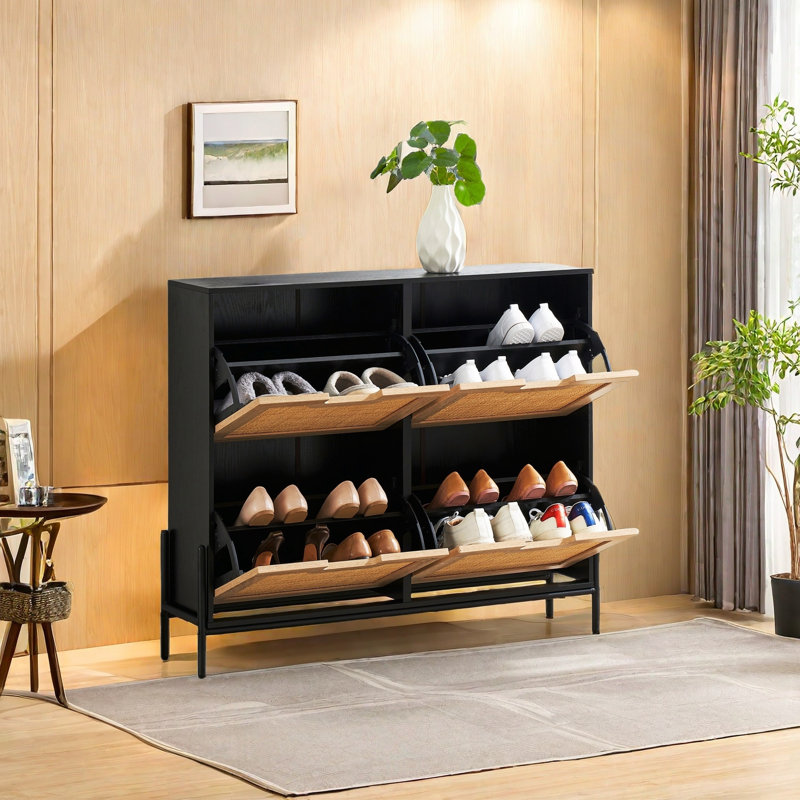 Shoe Cabinet With 4 Rattan Flip Door, Shoe Rack Storage Cabinet, Shoe Organizer With 3-tier Adjustable Shelves, Black/Wood