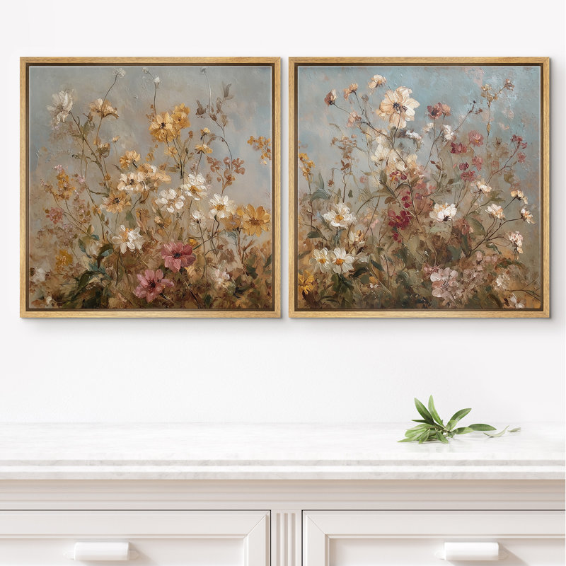 Warm Rustic Daisy and Meadow Flower Botanical Wall Decor Framed Master Bedroom Wall Art Work 2 Pieces Print, 24" H x 24" W
