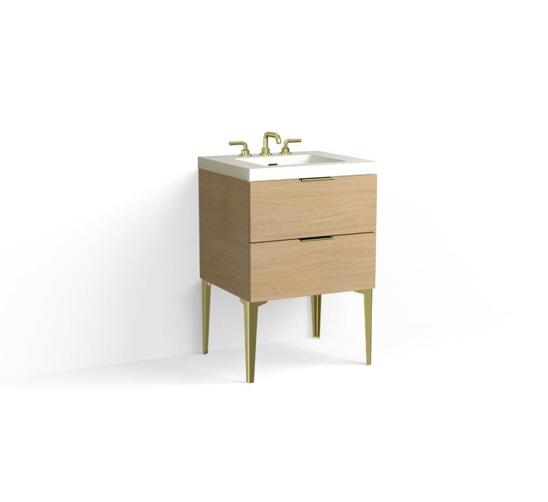 Avila 24" W Freestanding Single Bathroom Vanity with Dean Leg, Gloss White/8" Widespread, Satin Brass, Nocino