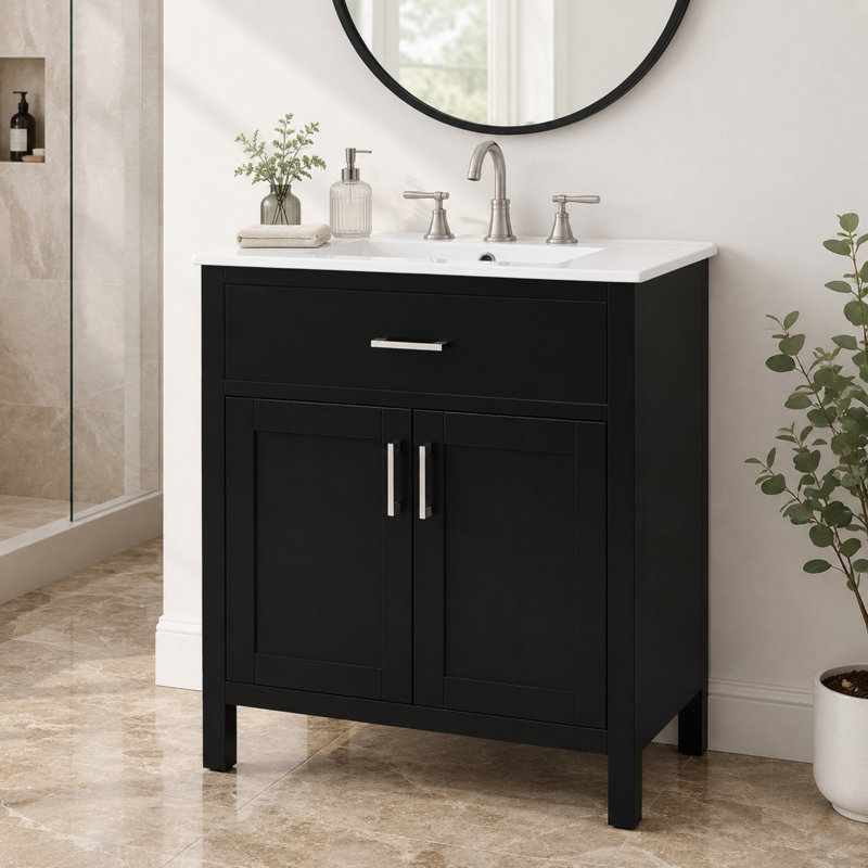 Meuble-lavabo autoportant de 76 cm de large avec porte, tiroir intérieur et dessus en céramique, Noir