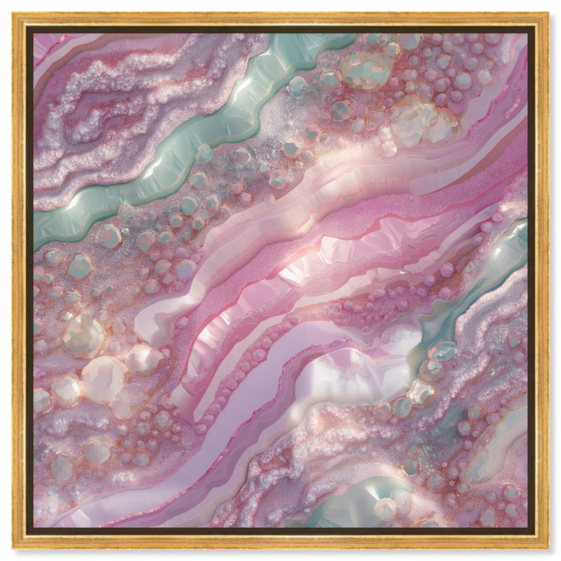 «Pink and Mint Crystal I Canvas Abstracts» par , H 13 po x l 13 po, Cadre flottant doré