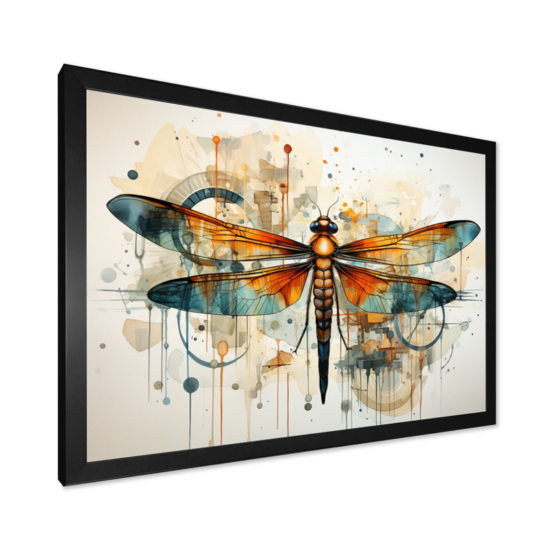 «Orange Dragonfly Insectes Flight Geometric II», reproduction sur toile, H 24 po x l 32 po x P 1 po, Cadre photo noir