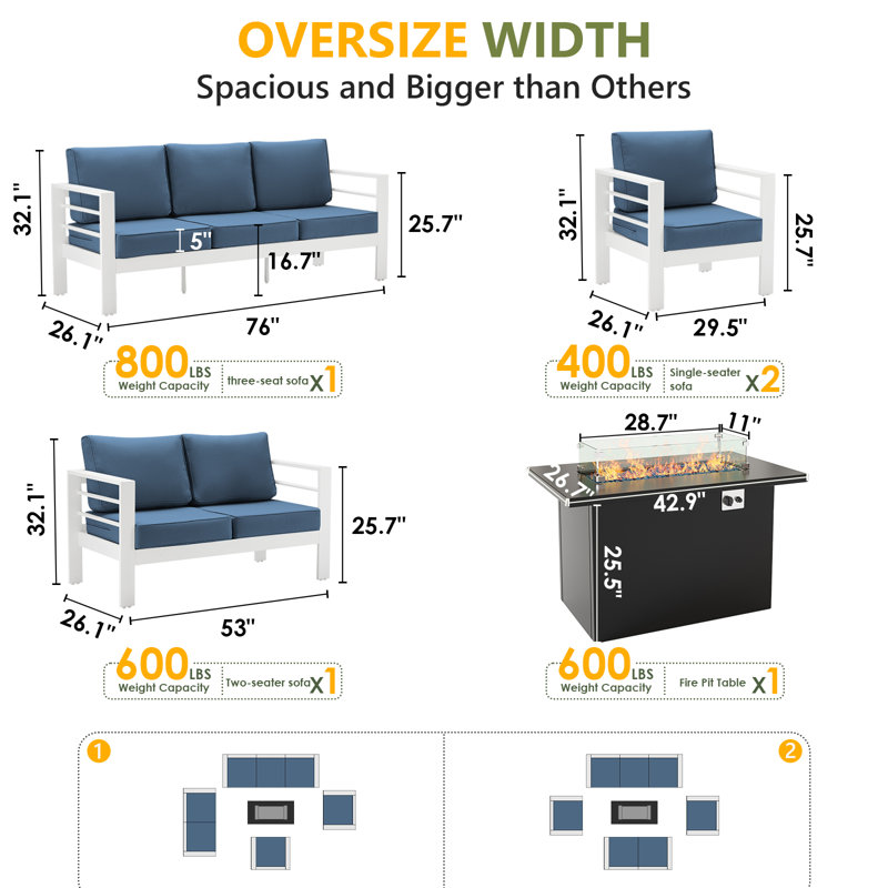 7-Person Sofa Seating Group With Coffee Table, Blue Cushion/White Frame