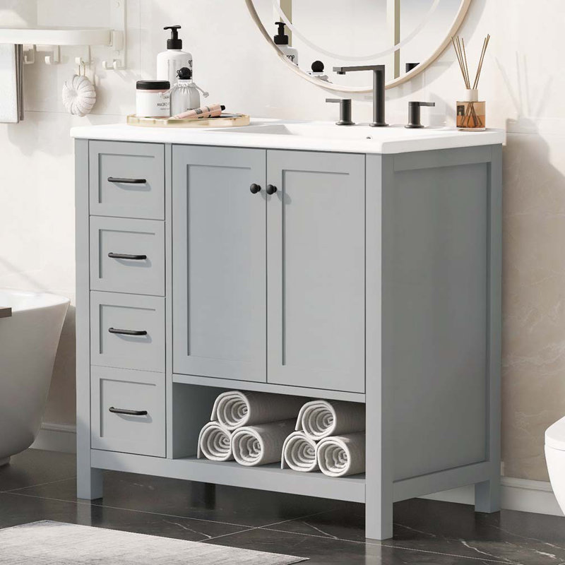 Meuble-lavabo de salle de bain avec lavabo en céramique, deux portes et deux tiroirs, Gris, Noir