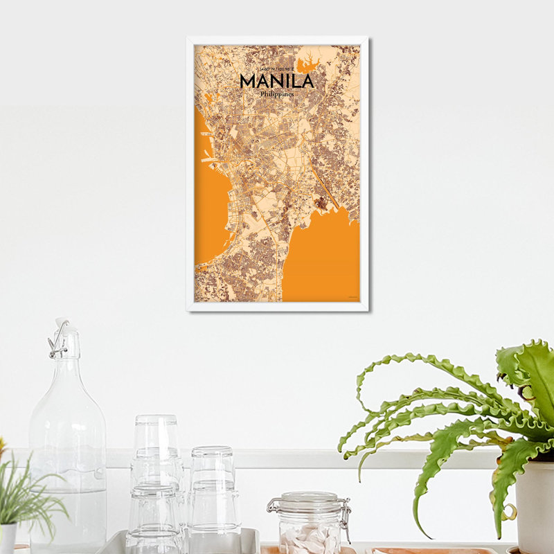 Manille, carte de la ville, impression, H 17 po x l 11 po, Orange / or pâle