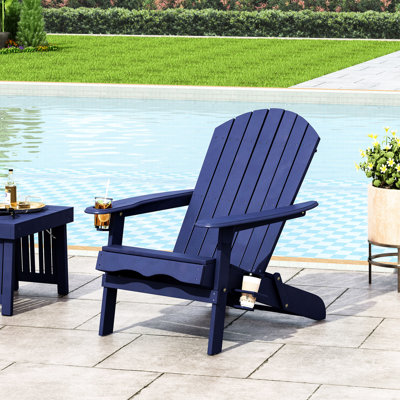Blue Wood Chair For Poolside Outdoor Lounging, Folding Feature And Cup Holders - 29.47 In Deep, 36.21 Wide, 33.57 High, 22.08 Lb Backyard Patio, Design Product Depth, Width, Height,