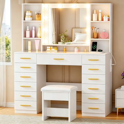 Adriel 43.3" Makeup Vanity With Mirror & Lights, Power Outlet, 13 Drawers & 7 Shelves, Glass Top and Cushioned Stool