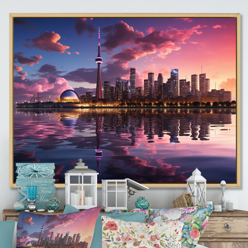 Mauve Toronto par nuit - imprimé, Cadre naturel flottant, H 34 po x l 44 po x P 1,5 po