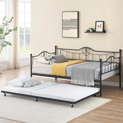 Lit de jour simple avec lit gigogne et dossier, structure de canapé-lit en métal pour le salon, la chambre à coucher et la chambre d'amis