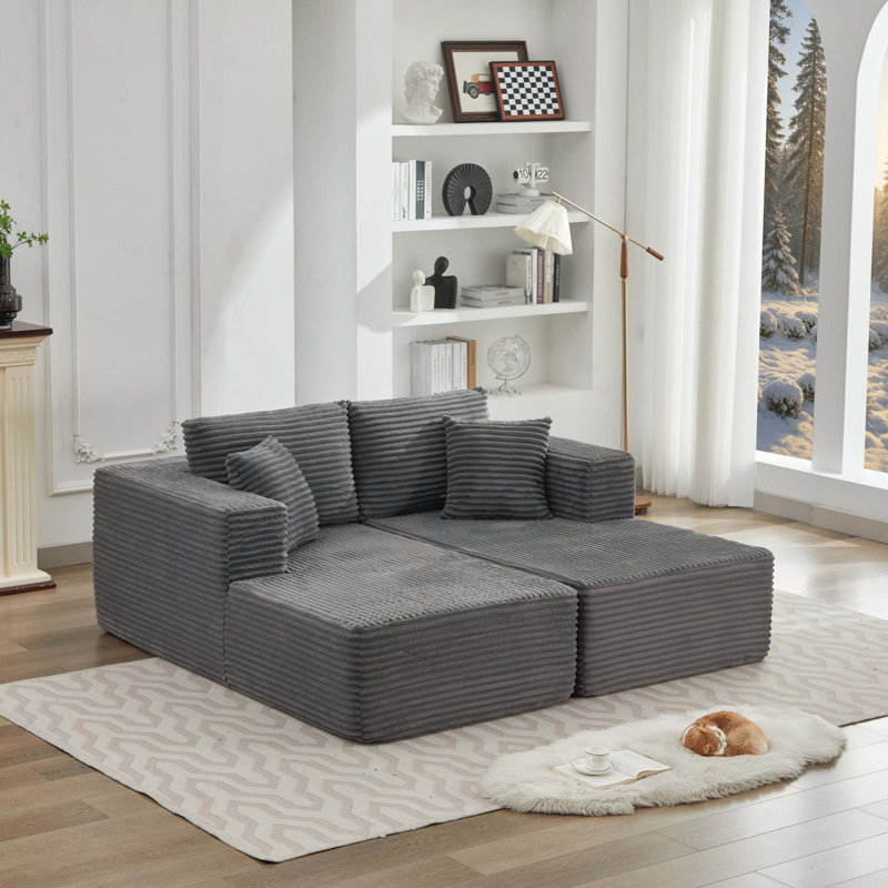 Canapé modulaire 106 pouces avec méridienne double, siège profond, conception modulaire moderne pour le salon, sans assemblage, tissu en velours côtelé gris moelleux