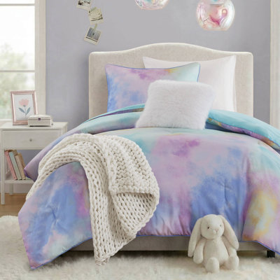 Cassiopeia Aqua Watercolor Tie Dye Printed 3-Piece Twin/Twin XL Comforter Set with Throw Pillow