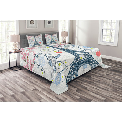 Dark Blue/White/Pink Polyester Bedspread Set