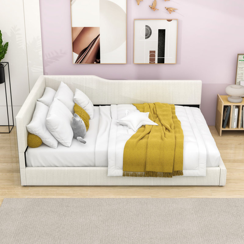 Full Size L-Shaped Upholstered Daybed in Corduroy Fabric, Beige