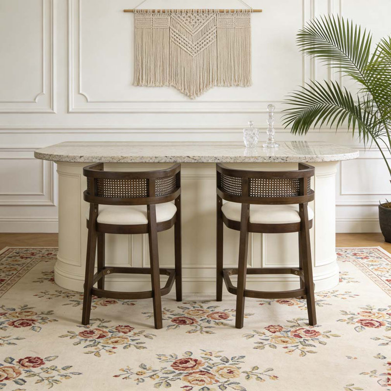 Wood And Rattan Upholstered Arm Counter Stools, Beige,Walnut