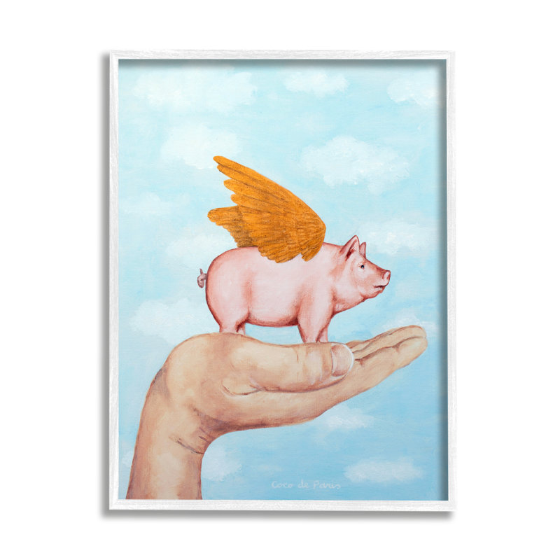 Illustration d'un cochon volant dans une aile de palmier par Coco de Paris - Peinture, H 14 po x l 11 po x P 1,5 po