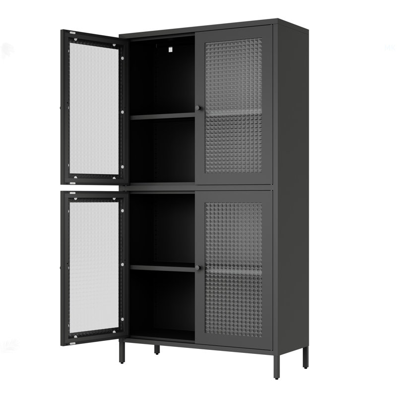 Classic Metal Storage Cabinet Display Cabinet With 4 Glass Doors 4 Shelves Cabinet  Bookcase Side Cabinet For Home Office Living Room Kitchen Hallway - Black, Waffle Grids Tempered Glass