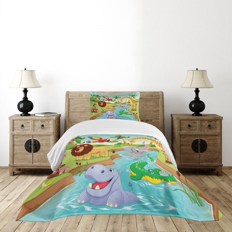 Ambesonne Cartoon Bedspread Set Savannah Animals Colourful Multicolor, Twin Coverlet/Bedspread + 1 Standard Sham
