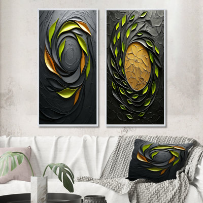 «Green and Black Botanical Balance I» - ensemble d'art mural botanique 2 pièces
