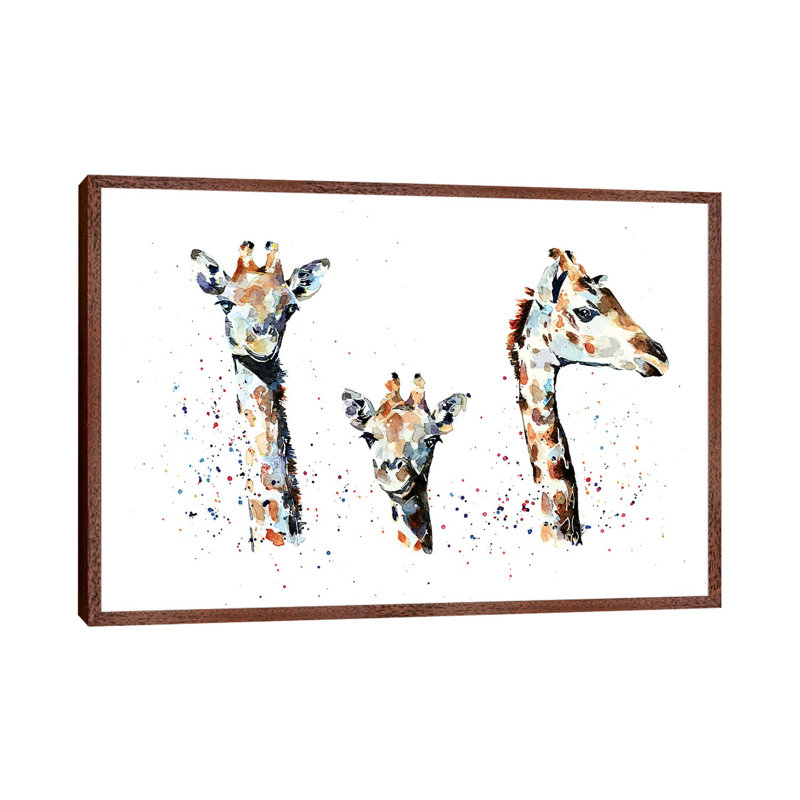 Tres Amigos Giraffees - Painting on Canvas, 101.6 cm H x 66.04 cm W, Classic Brown Wood Framed
