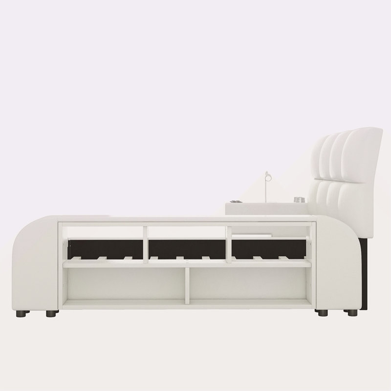 Grand lit plateforme tapissier avec table de chevet multimédia et tablettes de rangement