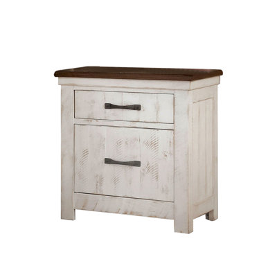 Table de chevet 3 tiroirs avec chargeurs USB, blanc vieilli et noyer